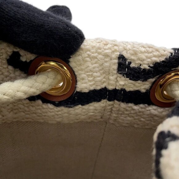 CELINE Teen Drawstring Handbag Cotton/Calf Leather Brown/White/Black 196532E - Picture 8 of 11